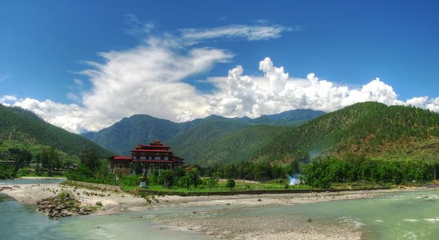 Punakha Dzong, the old capital of Bhutan, at the confluence of Pho Chu and Mo Chu rivers