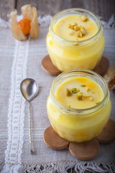 Panna cotta of almond milk with saffron.