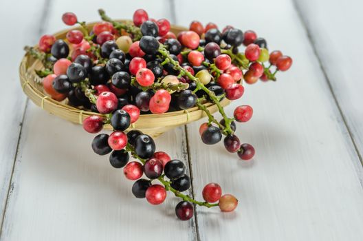 Thai Blueberry in bamboo basket over wooden background