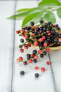 Thai Blueberry in bamboo basket over wooden background