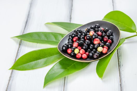 Thai Blueberry in white bowl over wooden background , still life