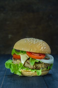 Closeup of home made burgers on wooden background