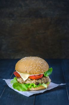 Closeup of home made burgers on wooden background