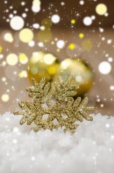 Christmas Decoration With Snow Over Wooden Background