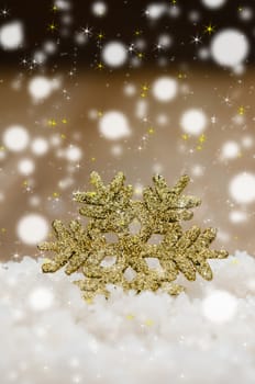 Christmas Decoration With Snow Over Wooden Background