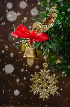 Christmas Decoration With Snow Over Wooden Background