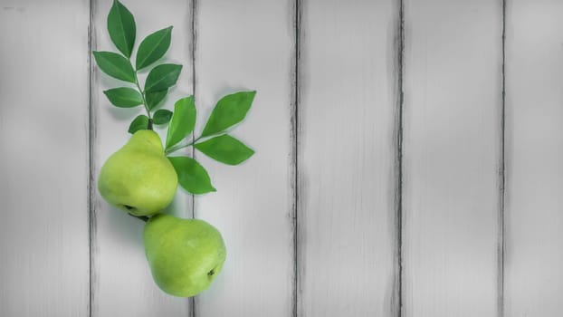 top view fresh pears on the wooden background, Free space for text