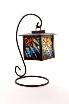 Small pedestal lantern with old stained glass