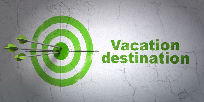 Success tourism concept: arrows hitting the center of target, Green Vacation Destination on wall background, 3D rendering