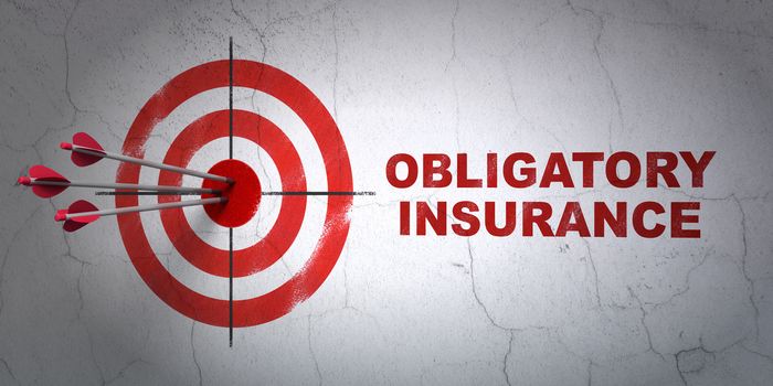 Success Insurance concept: arrows hitting the center of target, Red Obligatory Insurance on wall background, 3D rendering