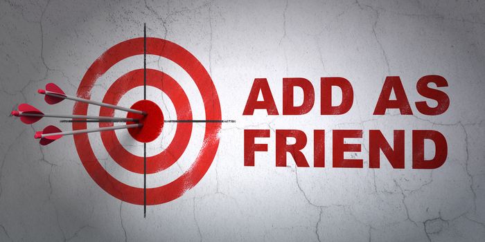 Success social network concept: arrows hitting the center of target, Red Add as Friend on wall background, 3D rendering