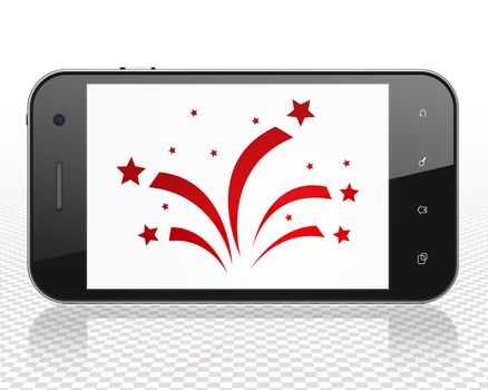 Entertainment, concept: Smartphone with red Fireworks icon on display, 3D rendering