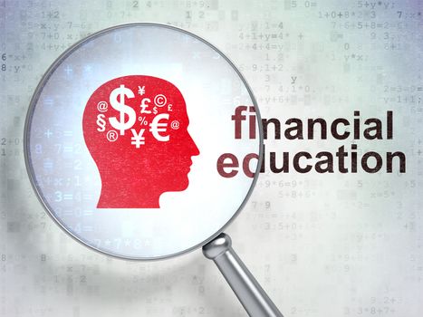 Learning concept: magnifying optical glass with Head With Finance Symbol icon and Financial Education word on digital background, 3D rendering