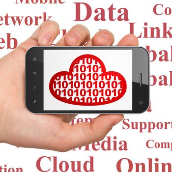 Cloud computing concept: Hand Holding Smartphone with  red Cloud With Code icon on display,  Tag Cloud background, 3D rendering