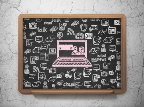 News concept: Chalk Pink Breaking News On Laptop icon on School board background with  Hand Drawn News Icons, 3D Rendering