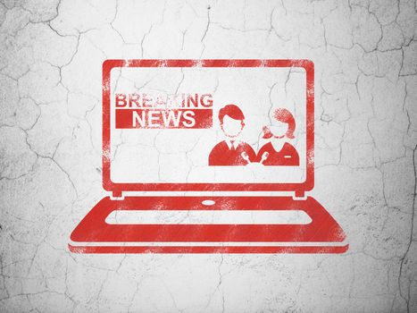 News concept: Red Breaking News On Laptop on textured concrete wall background