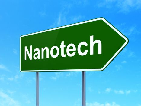 Science concept: Nanotech on green road highway sign, clear blue sky background, 3D rendering