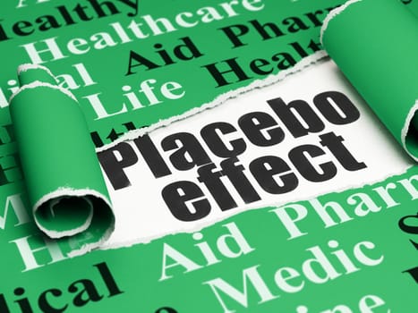 Healthcare concept: black text Placebo Effect under the curled piece of Green torn paper with  Tag Cloud, 3D rendering