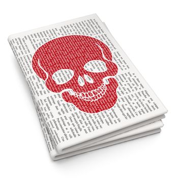 Healthcare concept: Pixelated red Scull icon on Newspaper background, 3D rendering