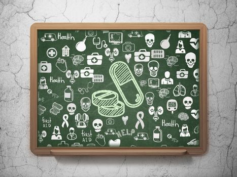 Medicine concept: Chalk Green Pills icon on School board background with  Hand Drawn Medicine Icons, 3D Rendering