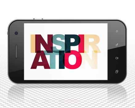 Advertising concept: Smartphone with Painted multicolor text Inspiration on display, 3D rendering