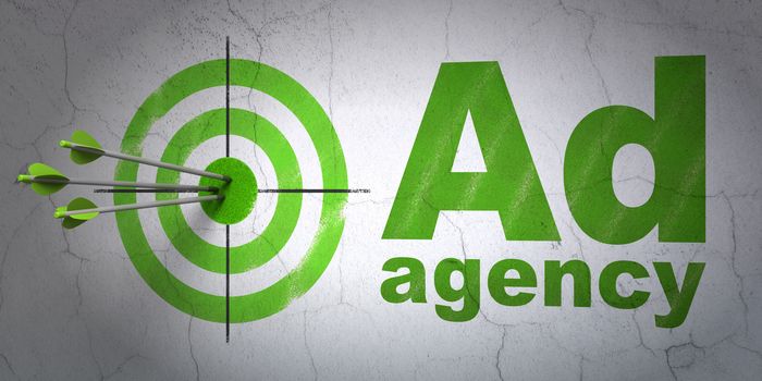 Success advertising concept: arrows hitting the center of target, Green Ad Agency on wall background, 3D rendering