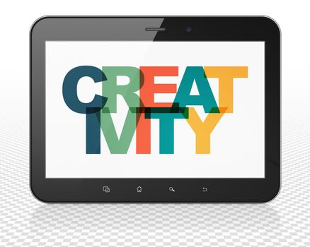 Advertising concept: Tablet Pc Computer with Painted multicolor text Creativity on display, 3D rendering