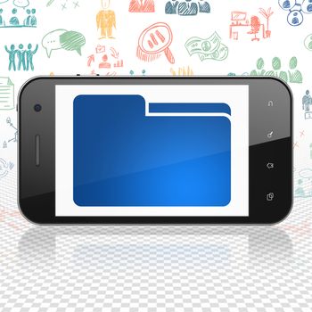 Finance concept: Smartphone with  blue Folder icon on display,  Hand Drawn Business Icons background, 3D rendering