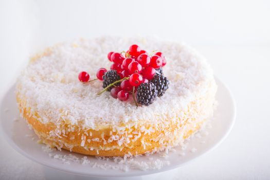 Homemade coconut cake served on a white plate