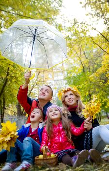 Amazed family of four under umbrella in autumn