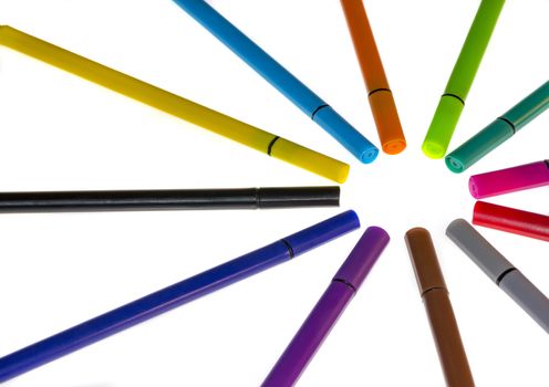 The many color pens in white background. Isolated
