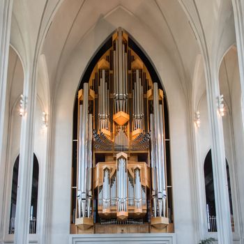 REYKJAVIK, ICELAND - August 2, 2016 : Interior View of the Hallgrimskirkja Church in Reykjavik Iceland on Aug 2, 2016.