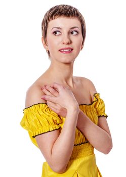 beautiful young woman wearing yellow dress isolated on white