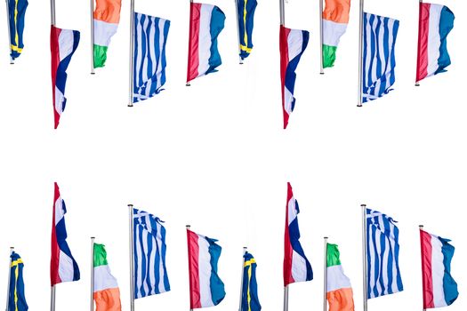 Several Europe countries flags arranged in front of a white background.