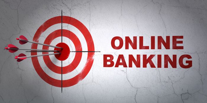 Success currency concept: arrows hitting the center of target, Red Online Banking on wall background, 3D rendering