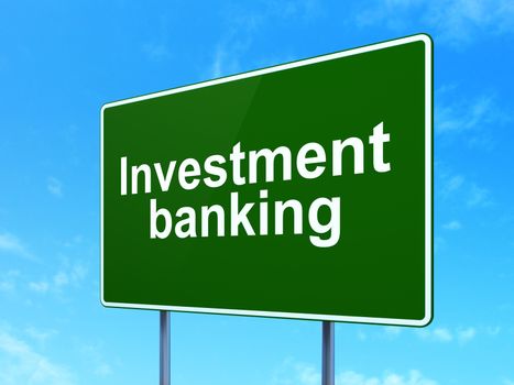 Banking concept: Investment Banking on green road highway sign, clear blue sky background, 3D rendering