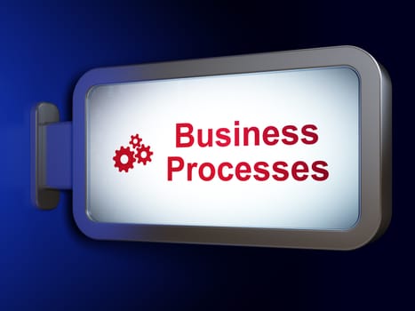 Finance concept: Business Processes and Gears on advertising billboard background, 3D rendering