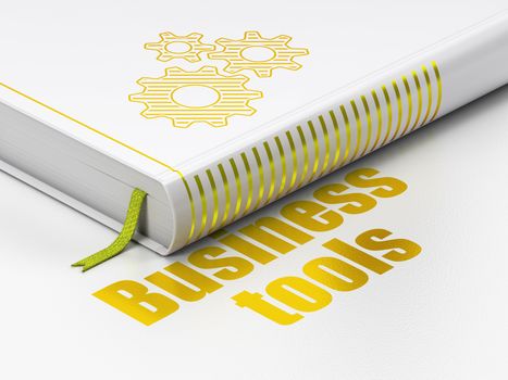 Business concept: closed book with Gold Gears icon and text Business Tools on floor, white background, 3D rendering