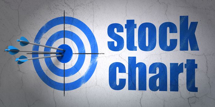 Success business concept: arrows hitting the center of target, Blue Stock Chart on wall background, 3D rendering