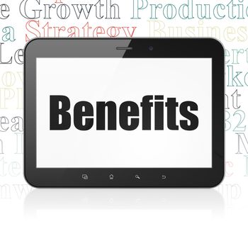 Business concept: Tablet Computer with  black text Benefits on display,  Tag Cloud background, 3D rendering