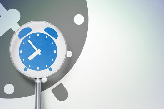 Timeline concept: magnifying optical glass with Alarm Clock icon on digital background, empty copyspace for card, text, advertising, 3D rendering