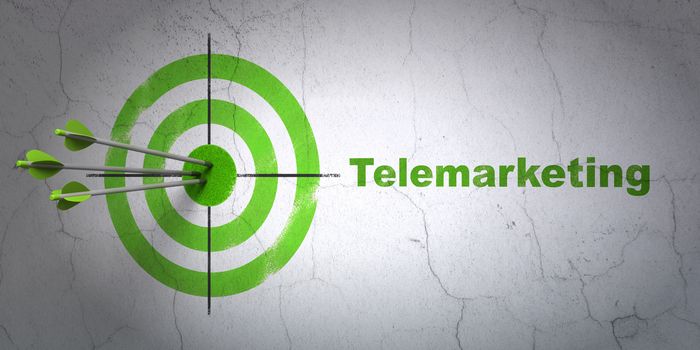 Success advertising concept: arrows hitting the center of target, Green Telemarketing on wall background, 3D rendering