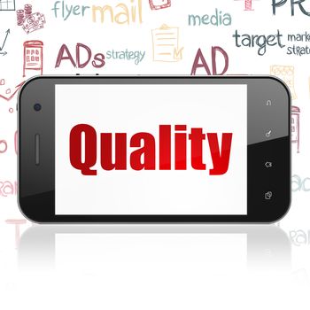 Advertising concept: Smartphone with  red text Quality on display,  Hand Drawn Marketing Icons background, 3D rendering