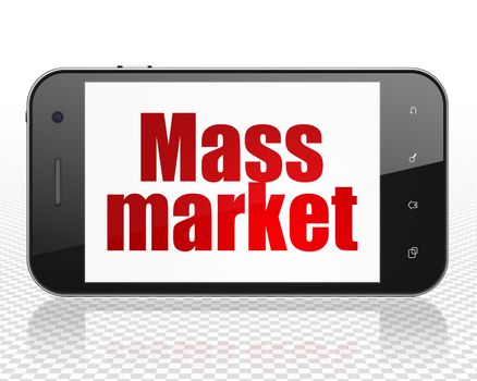 Advertising concept: Smartphone with red text Mass Market on display, 3D rendering