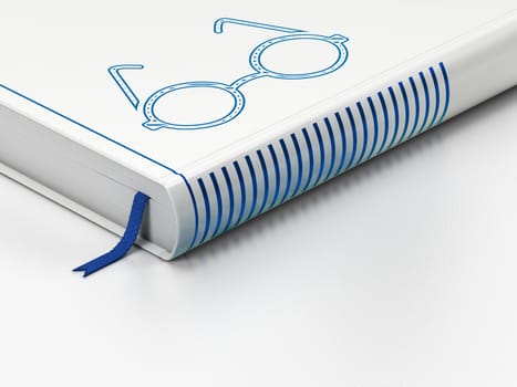 Science concept: closed book with Blue Glasses icon on floor, white background, 3D rendering