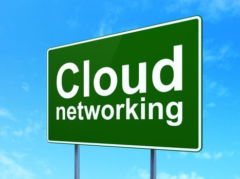 Cloud networking concept: Cloud Networking on green road highway sign, clear blue sky background, 3D rendering