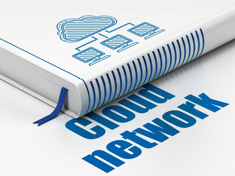 Cloud technology concept: closed book with Blue Cloud Network icon and text Cloud Network on floor, white background, 3D rendering