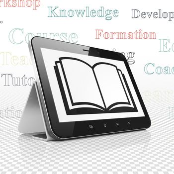 Studying concept: Tablet Computer with  black Book icon on display,  Tag Cloud background, 3D rendering