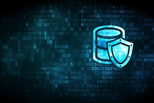 Software concept: pixelated Database With Shield icon on digital background, empty copyspace for card, text, advertising