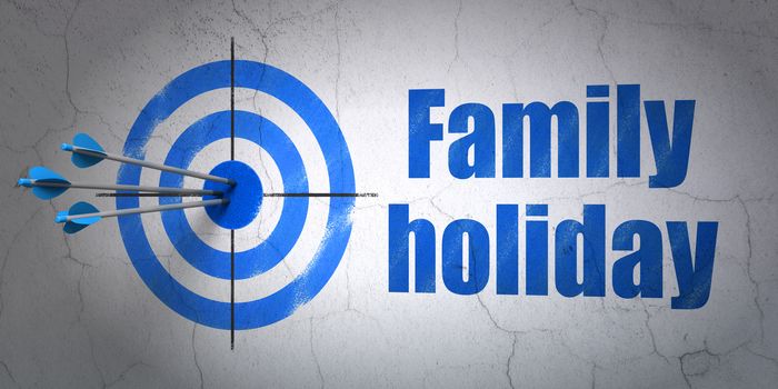 Success tourism concept: arrows hitting the center of target, Blue Family Holiday on wall background, 3D rendering